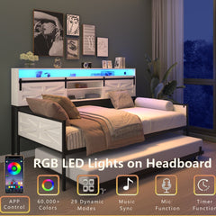 Bellemave® Twin Size Daybed with Trundle & Storage Headboard, Metal Twin Daybed Frame with LED Lights & Charging Station for Living Room, Apartment, Bedroom - Bellemave