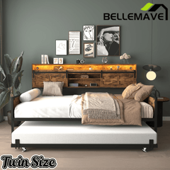 Bellemave® Twin Size Daybed with Trundle & Storage Headboard, Metal Twin Daybed Frame with LED Lights & Charging Station for Living Room, Apartment, Bedroom - Bellemave