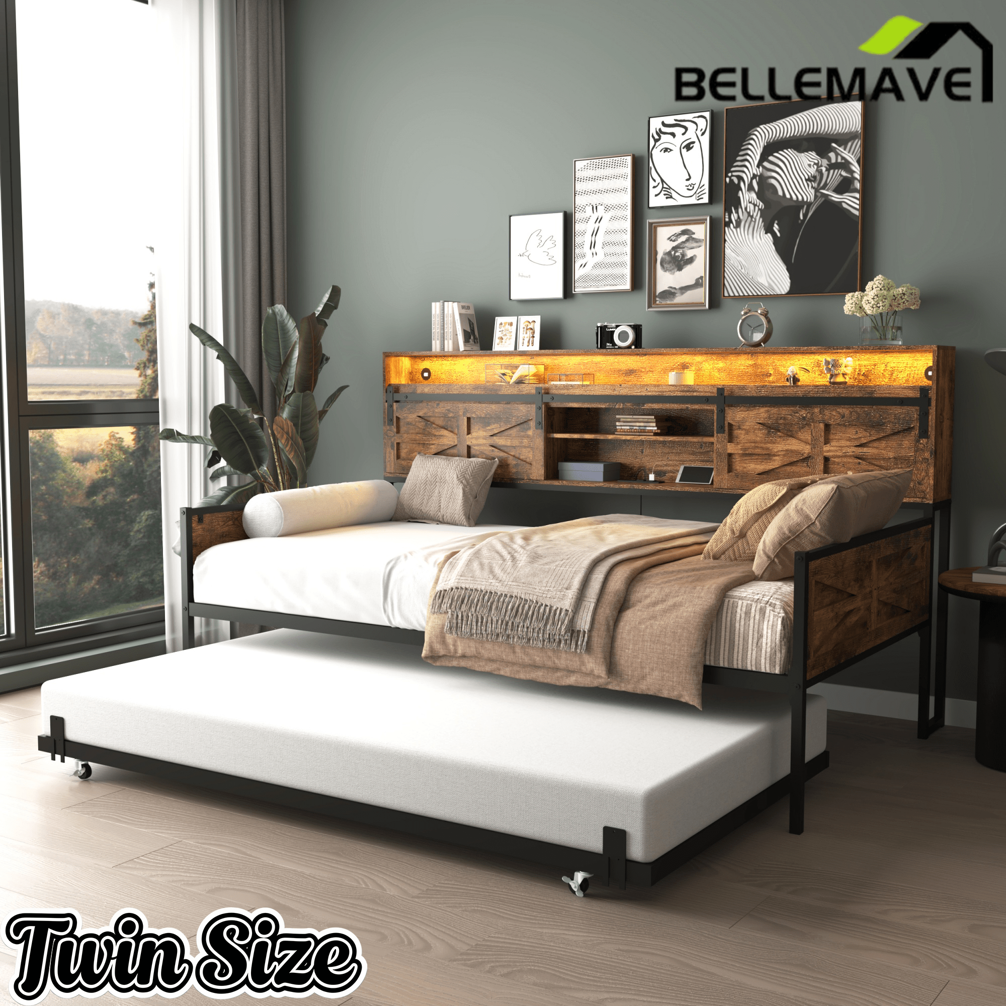 Bellemave® Twin Size Daybed with Trundle & Storage Headboard, Metal Twin Daybed Frame with LED Lights & Charging Station for Living Room, Apartment, Bedroom - Bellemave