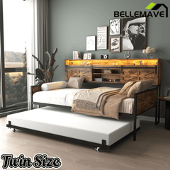 Bellemave® Twin Size Daybed with Trundle & Storage Headboard, Metal Twin Daybed Frame with LED Lights & Charging Station for Living Room, Apartment, Bedroom - Bellemave