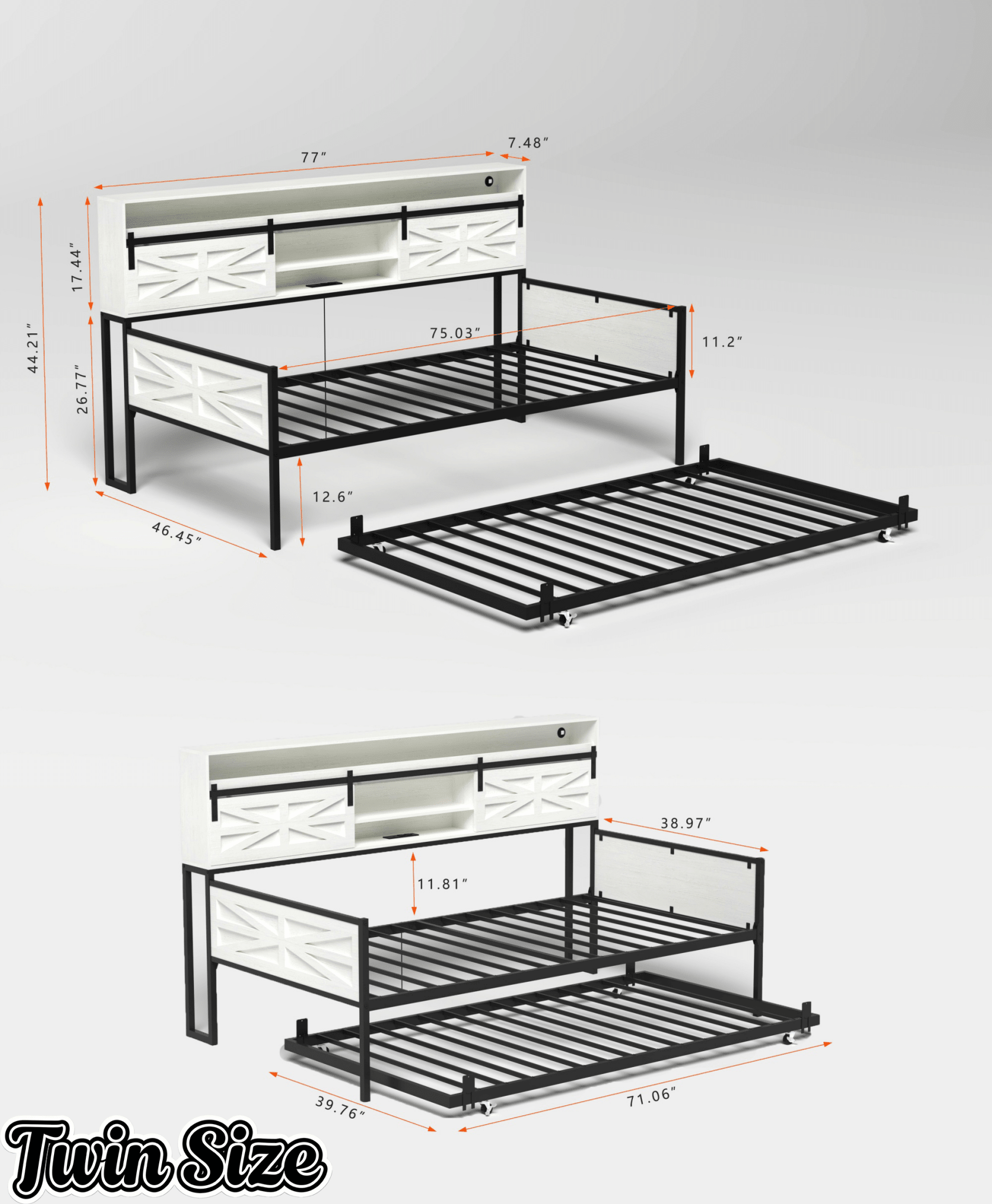 Bellemave® Twin Size Daybed with Trundle & Storage Headboard, Metal Twin Daybed Frame with LED Lights & Charging Station for Living Room, Apartment, Bedroom - Bellemave