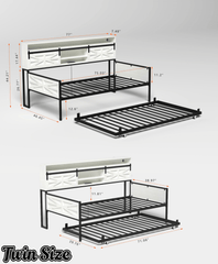 Bellemave® Twin Size Daybed with Trundle & Storage Headboard, Metal Twin Daybed Frame with LED Lights & Charging Station for Living Room, Apartment, Bedroom - Bellemave