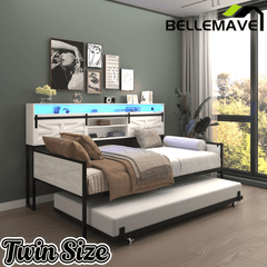Bellemave® Twin Size Daybed with Trundle & Storage Headboard, Metal Twin Daybed Frame with LED Lights & Charging Station for Living Room, Apartment, Bedroom - Bellemave