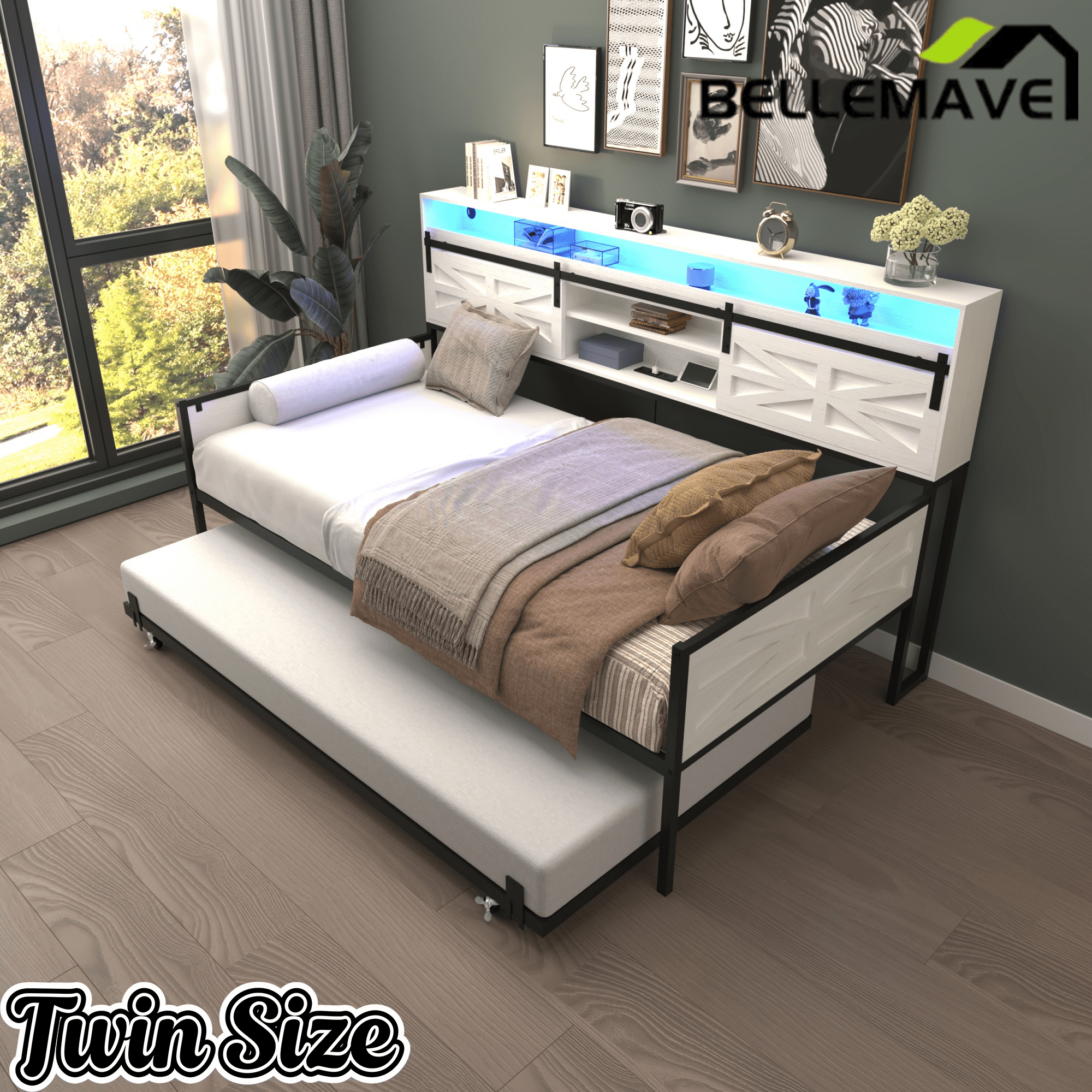 Bellemave® Twin Size Daybed with Trundle & Storage Headboard, Metal Twin Daybed Frame with LED Lights & Charging Station for Living Room, Apartment, Bedroom - Bellemave