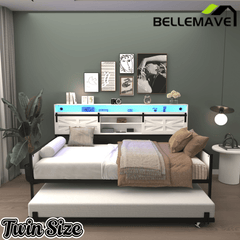 Bellemave® Twin Size Daybed with Trundle & Storage Headboard, Metal Twin Daybed Frame with LED Lights & Charging Station for Living Room, Apartment, Bedroom - Bellemave
