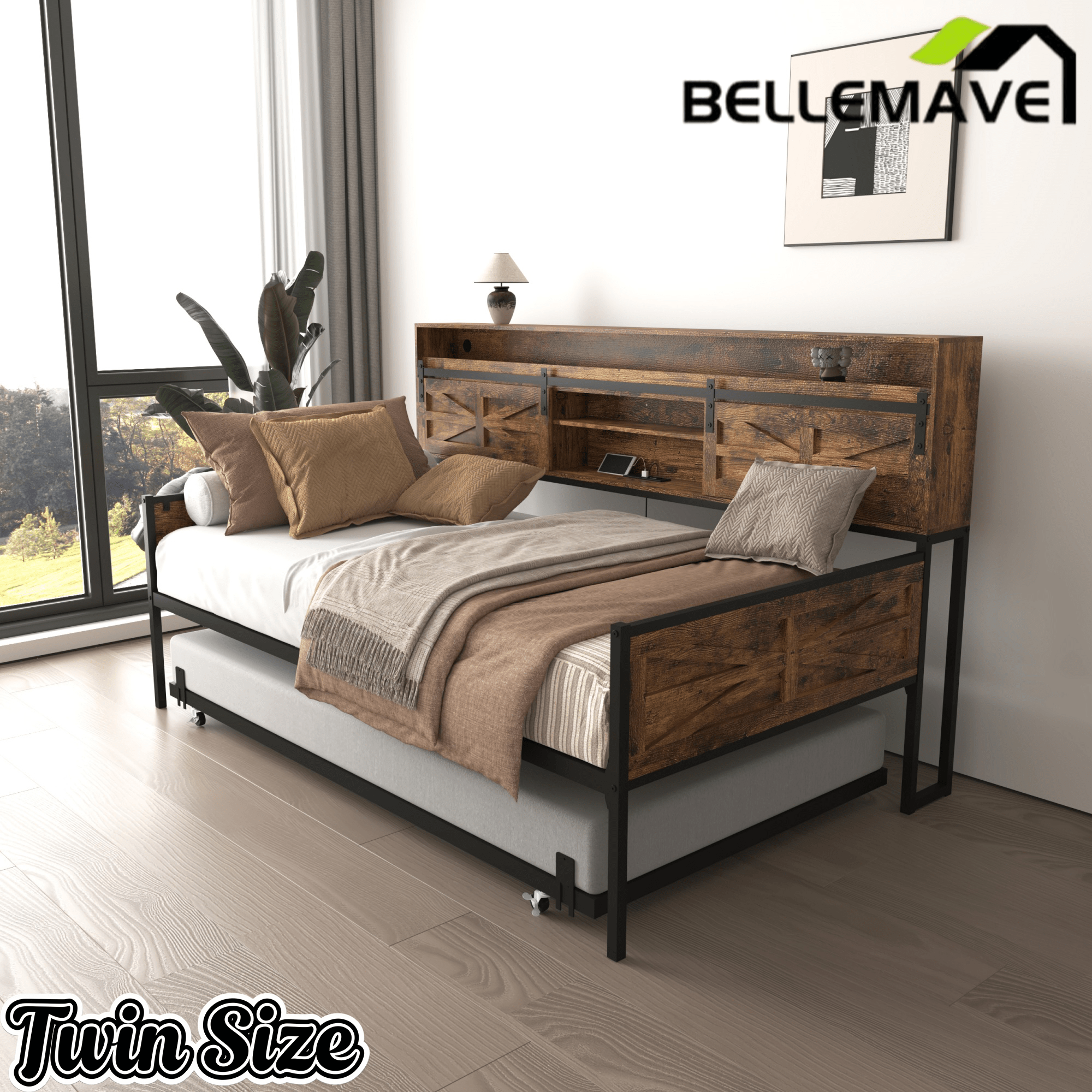 Bellemave® Twin Size Daybed with Trundle & Storage Headboard, Metal Twin Daybed Frame with LED Lights & Charging Station for Living Room, Apartment, Bedroom - Bellemave
