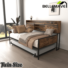 Bellemave® Twin Size Daybed with Trundle & Storage Headboard, Metal Twin Daybed Frame with LED Lights & Charging Station for Living Room, Apartment, Bedroom - Bellemave
