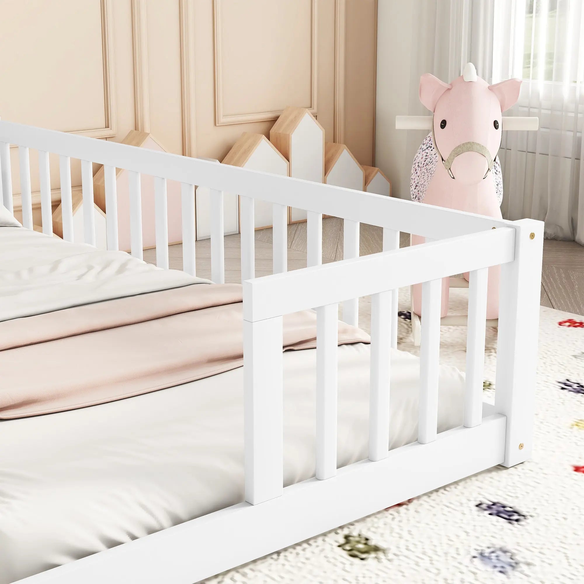 Bellemave® Twin Size Double Floor Bed with Fence, Guardrails, Without Door - Bellemave