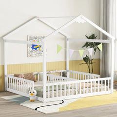 Bellemave® Twin Size Double House - Style Floor Bed with Fence, Guardrails, without door - Bellemave