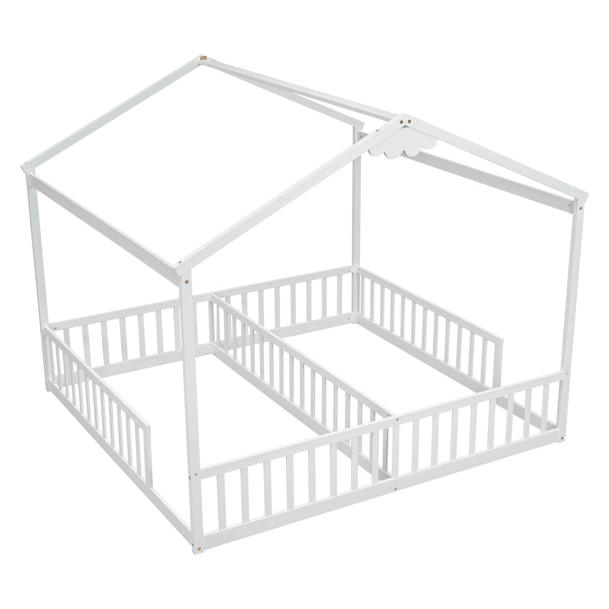 Bellemave® Twin Size Double House - Style Floor Bed with Fence, Guardrails, without door - Bellemave