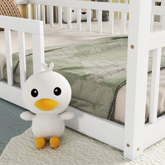 Bellemave® Twin Size Double House - Style Floor Bed with Fence, Guardrails, without door - Bellemave