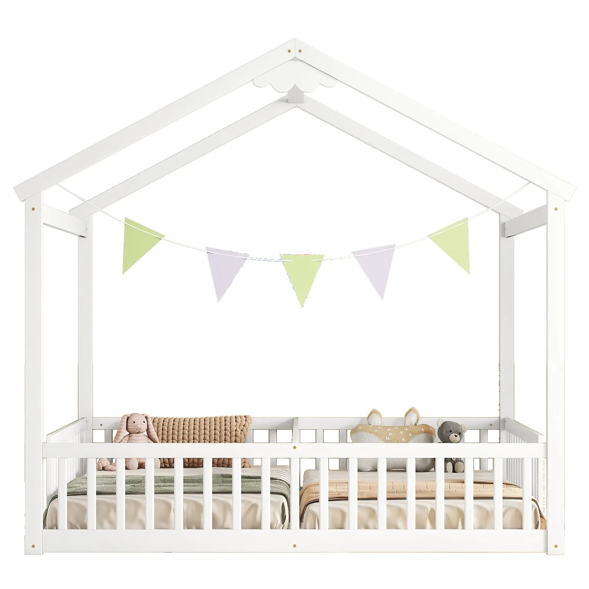 Bellemave® Twin Size Double House - Style Floor Bed with Fence, Guardrails, without door - Bellemave