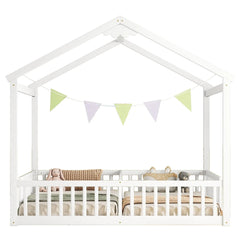 Bellemave® Twin Size Double House - Style Floor Bed with Fence, Guardrails, without door - Bellemave