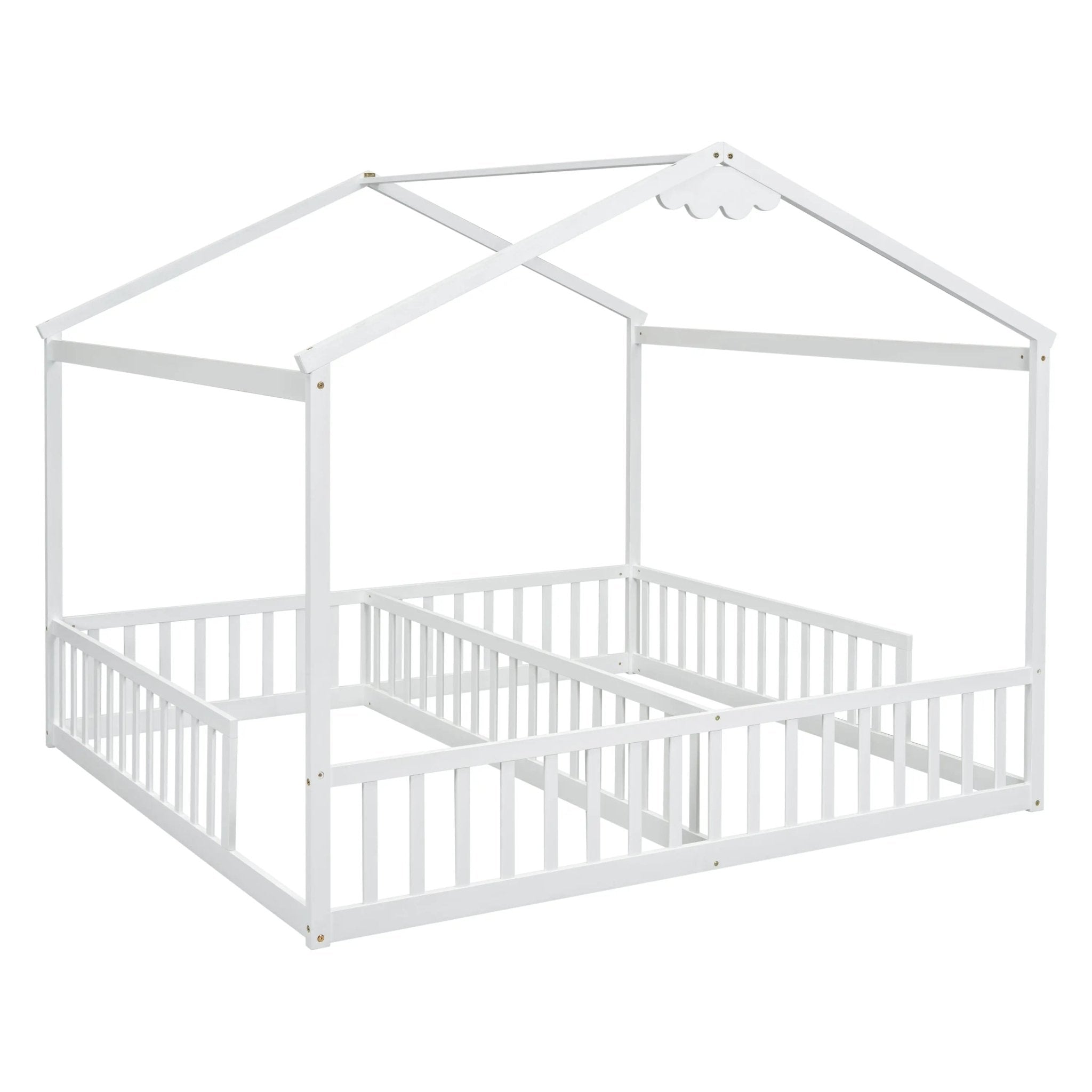 Bellemave® Twin Size Double House - Style Floor Bed with Fence, Guardrails, without door - Bellemave