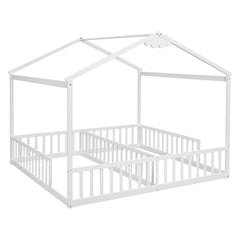 Bellemave® Twin Size Double House - Style Floor Bed with Fence, Guardrails, without door - Bellemave