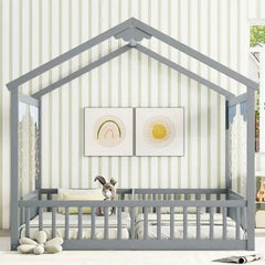 Bellemave® Twin Size Double House - Style Floor Bed with Fence, Guardrails, without door - Bellemave