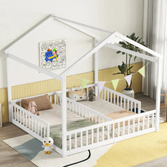 Bellemave® Twin Size Double House - Style Floor Bed with Fence, Guardrails, without door - Bellemave
