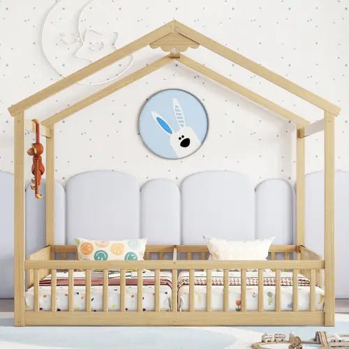Bellemave® Twin Size Double House - Style Floor Bed with Fence, Guardrails, without door - Bellemave
