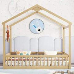 Bellemave® Twin Size Double House - Style Floor Bed with Fence, Guardrails, without door - Bellemave