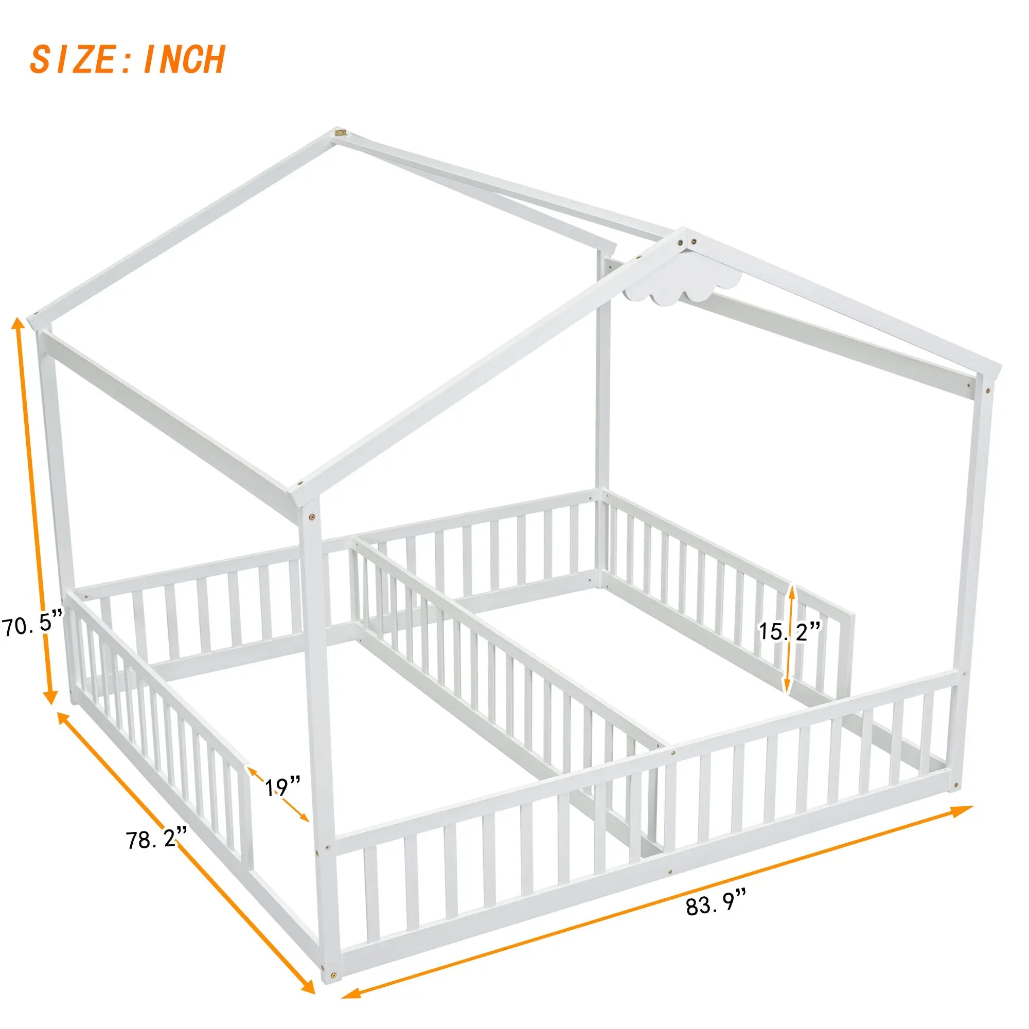 Bellemave® Twin Size Double House - Style Floor Bed with Fence, Guardrails, without door - Bellemave