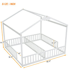 Bellemave® Twin Size Double House - Style Floor Bed with Fence, Guardrails, without door - Bellemave
