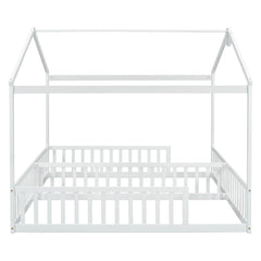 Bellemave® Twin Size Double House - Style Floor Bed with Fence, Guardrails, without door - Bellemave