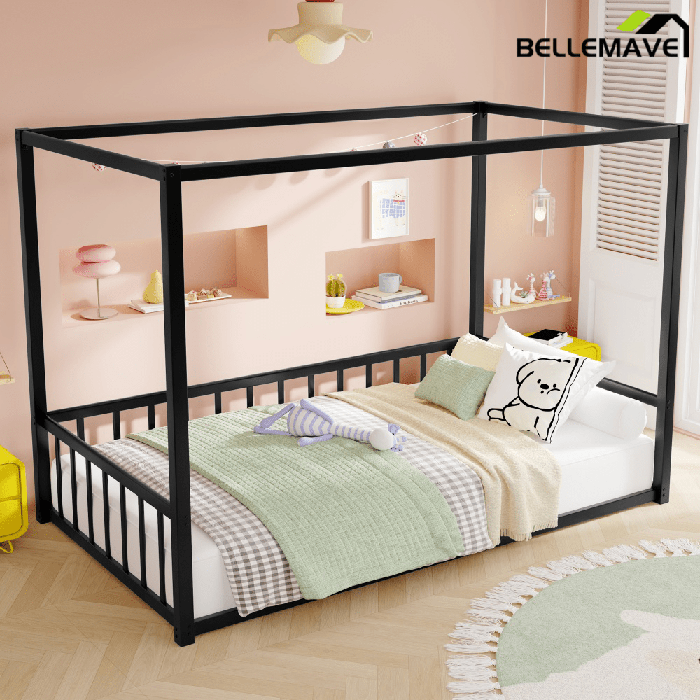 Bellemave® Twin Size Floor Bed Frame with 4 - Poster and Fence Guardrails Metal Floor Canopy Bed Montessori Bed (Twin, Black without Wardrobe) - Bellemave
