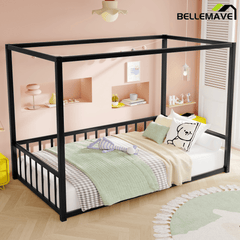 Bellemave® Twin Size Floor Bed Frame with 4 - Poster and Fence Guardrails Metal Floor Canopy Bed Montessori Bed (Twin, Black without Wardrobe) - Bellemave