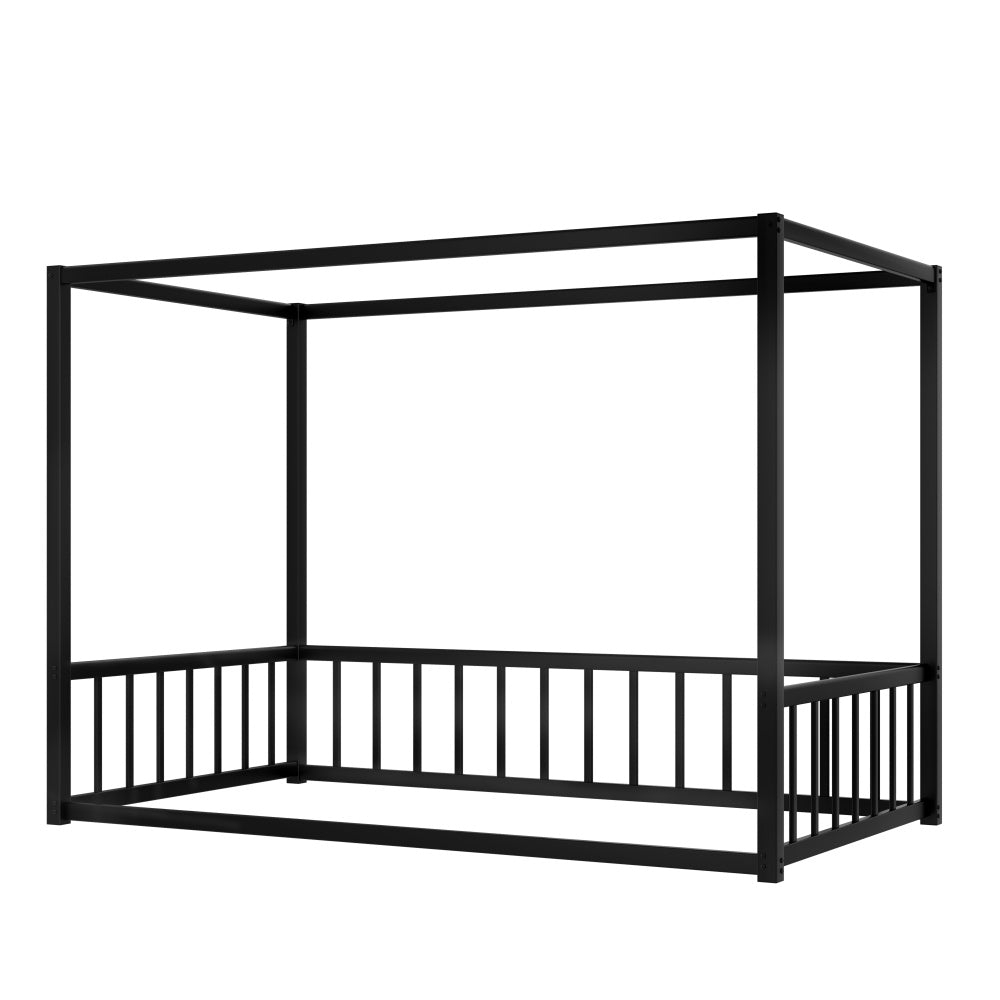 Bellemave® Twin Size Floor Bed Frame with 4 - Poster and Fence Guardrails Metal Floor Canopy Bed Montessori Bed (Twin, Black without Wardrobe) - Bellemave