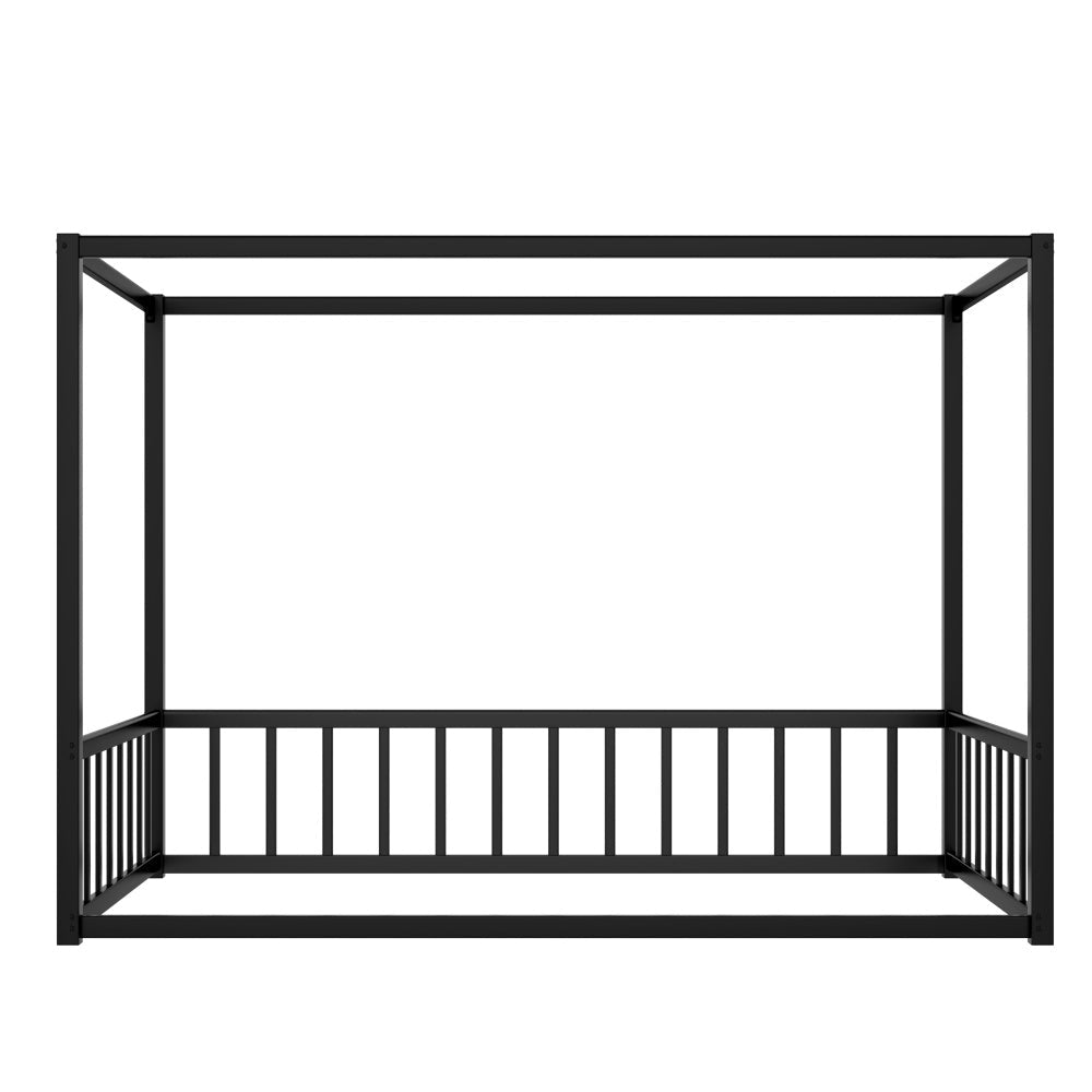 Bellemave® Twin Size Floor Bed Frame with 4 - Poster and Fence Guardrails Metal Floor Canopy Bed Montessori Bed (Twin, Black without Wardrobe) - Bellemave
