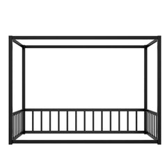 Bellemave® Twin Size Floor Bed Frame with 4 - Poster and Fence Guardrails Metal Floor Canopy Bed Montessori Bed (Twin, Black without Wardrobe) - Bellemave