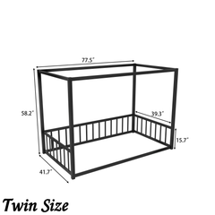 Bellemave® Twin Size Floor Bed Frame with 4 - Poster and Fence Guardrails Metal Floor Canopy Bed Montessori Bed (Twin, Black without Wardrobe) - Bellemave