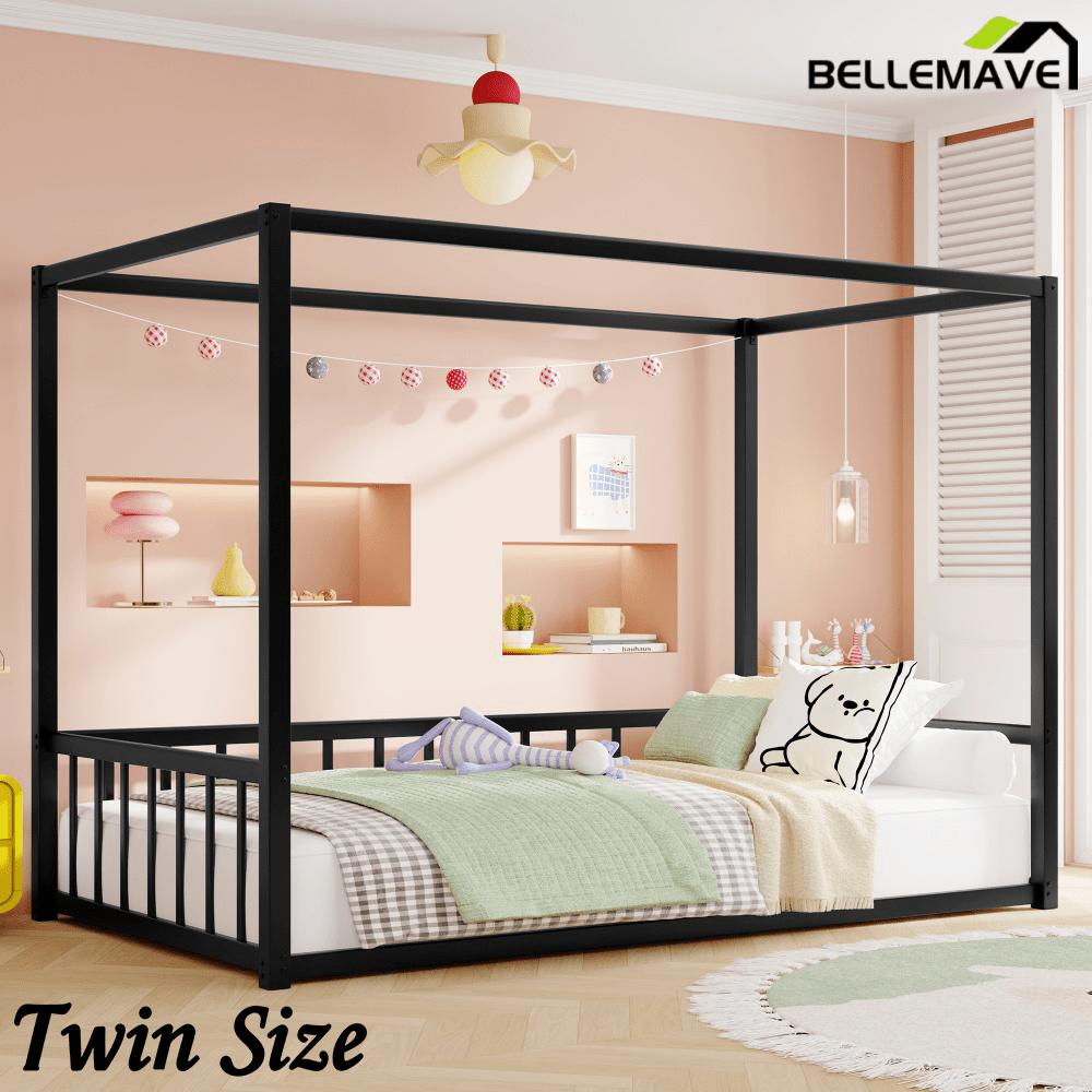 Bellemave® Twin Size Floor Bed Frame with 4 - Poster and Fence Guardrails Metal Floor Canopy Bed Montessori Bed (Twin, Black without Wardrobe) - Bellemave