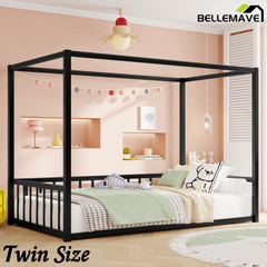 Bellemave® Twin Size Floor Bed Frame with 4 - Poster and Fence Guardrails Metal Floor Canopy Bed Montessori Bed (Twin, Black without Wardrobe) - Bellemave