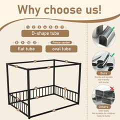 Bellemave® Twin Size Floor Bed Frame with 4 - Poster and Fence Guardrails Metal Floor Canopy Bed Montessori Bed (Twin, Black without Wardrobe) - Bellemave