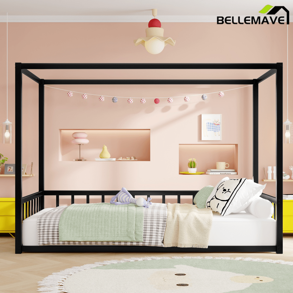 Bellemave® Twin Size Floor Bed Frame with 4 - Poster and Fence Guardrails Metal Floor Canopy Bed Montessori Bed (Twin, Black without Wardrobe) - Bellemave