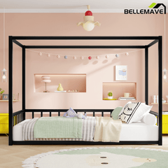 Bellemave® Twin Size Floor Bed Frame with 4 - Poster and Fence Guardrails Metal Floor Canopy Bed Montessori Bed (Twin, Black without Wardrobe) - Bellemave