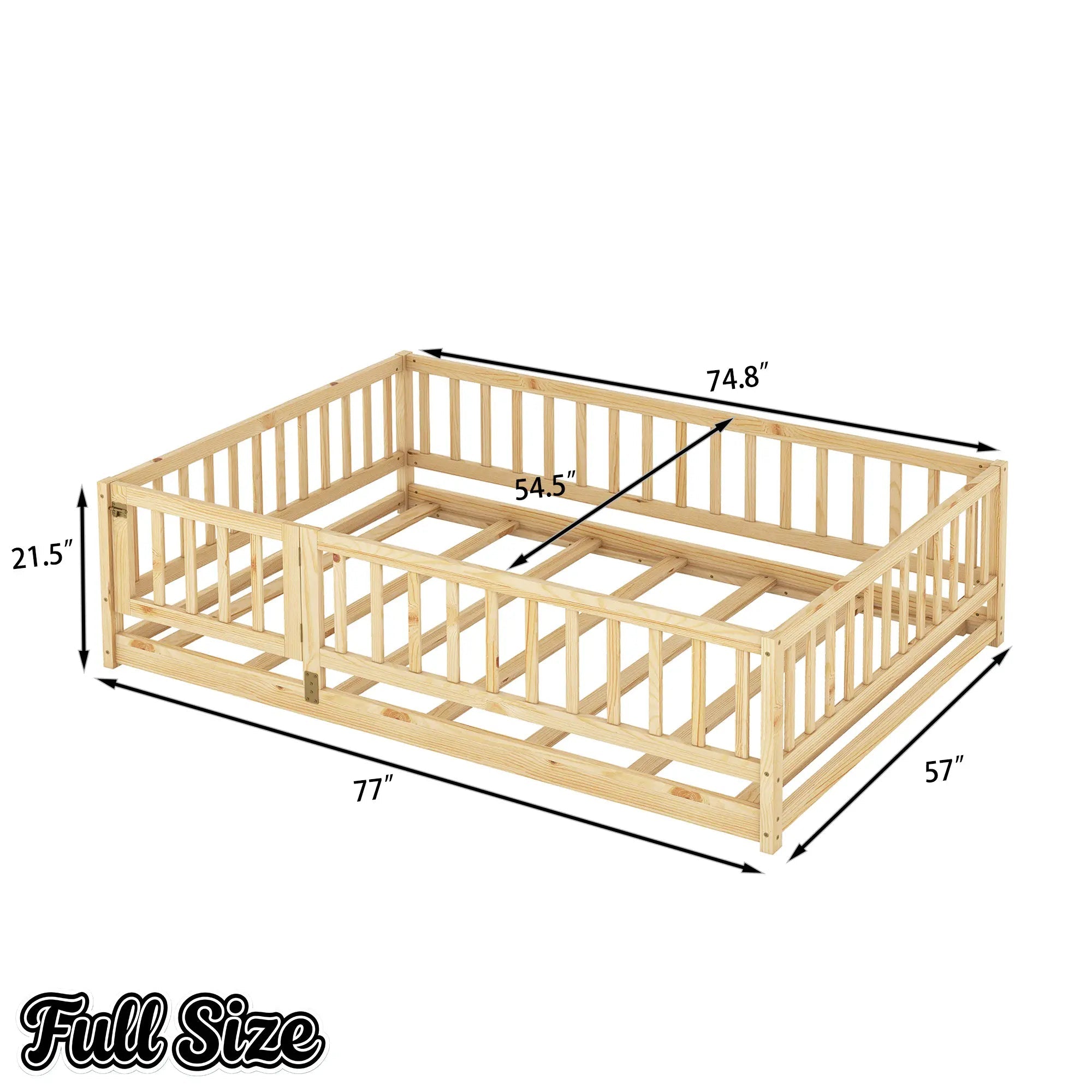 Bellemave® Twin Size Floor Bed Frame with Door and Slats,Wood Kids Montessori Floor Bed with Safety Guardrails - Bellemave