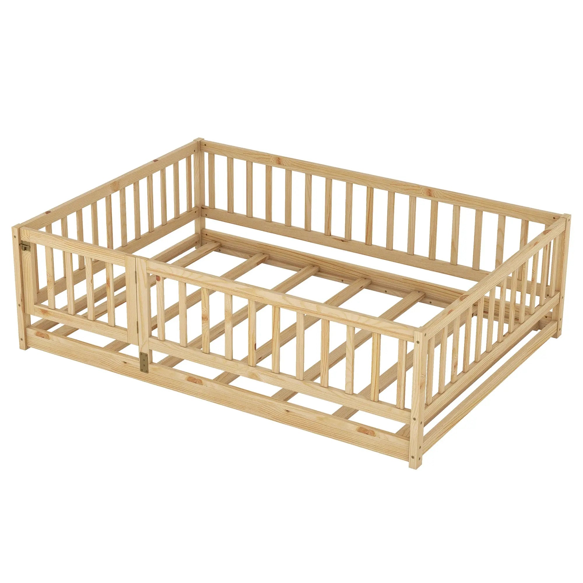 Bellemave® Twin Size Floor Bed Frame with Door and Slats,Wood Kids Montessori Floor Bed with Safety Guardrails - Bellemave