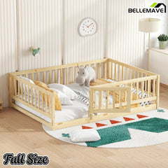 Bellemave® Twin Size Floor Bed Frame with Door and Slats,Wood Kids Montessori Floor Bed with Safety Guardrails - Bellemave