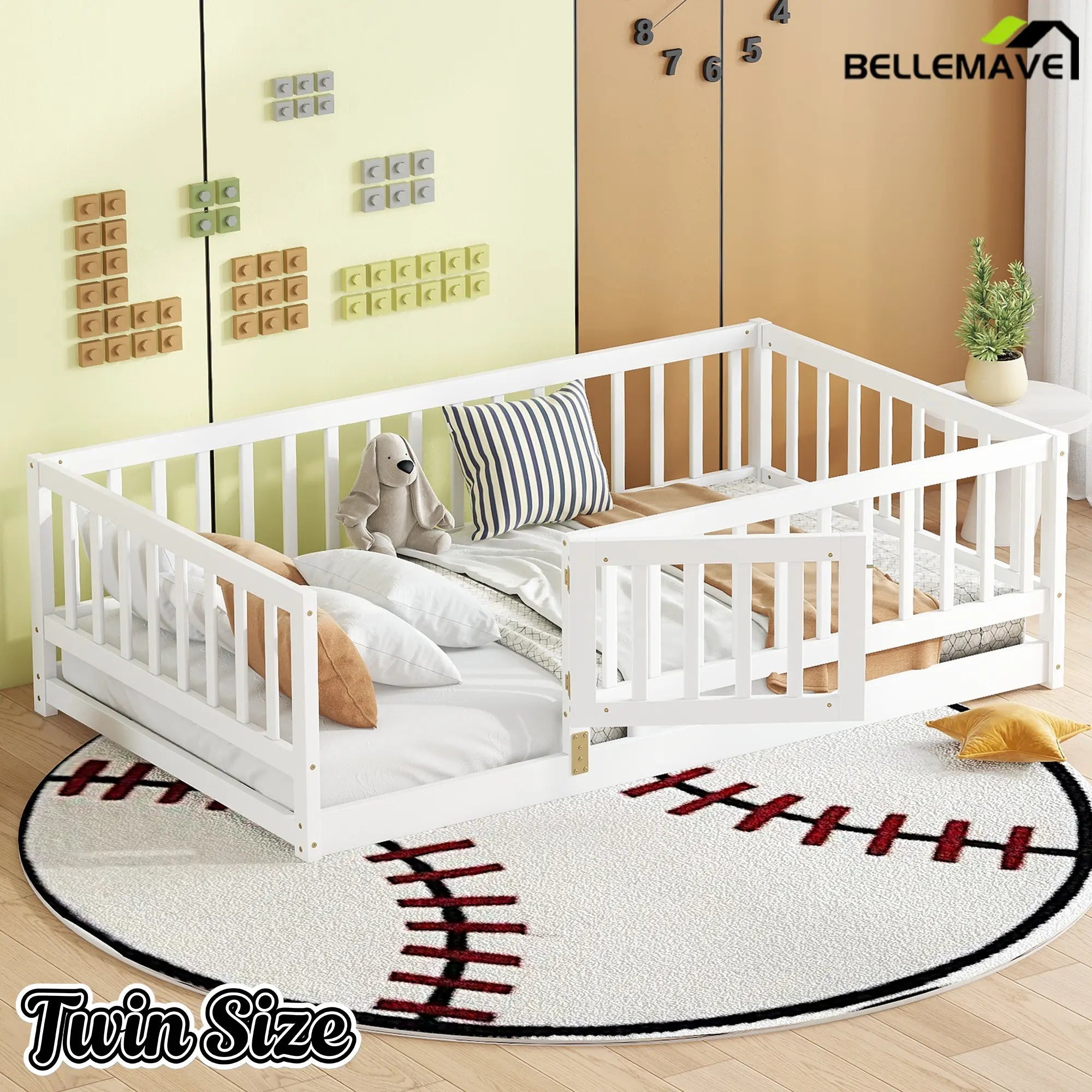 Bellemave® Twin Size Floor Bed Frame with Door and Slats,Wood Kids Montessori Floor Bed with Safety Guardrails - Bellemave