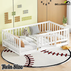 Bellemave® Twin Size Floor Bed Frame with Door and Slats,Wood Kids Montessori Floor Bed with Safety Guardrails - Bellemave