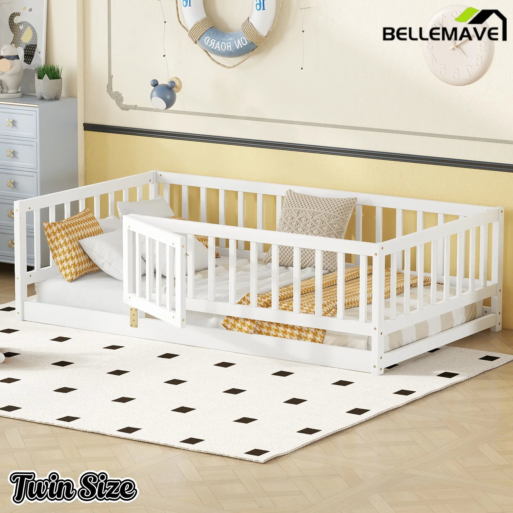 Bellemave® Twin Size Floor Bed Frame with Door and Slats,Wood Kids Montessori Floor Bed with Safety Guardrails - Bellemave