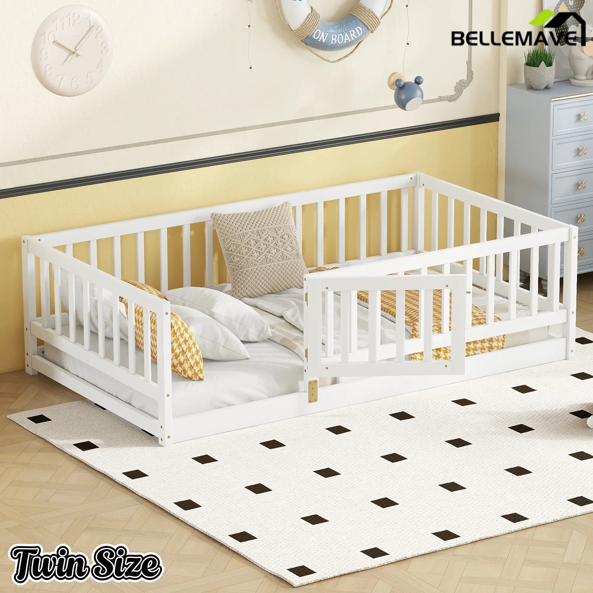 Bellemave® Twin Size Floor Bed Frame with Door and Slats,Wood Kids Montessori Floor Bed with Safety Guardrails - Bellemave
