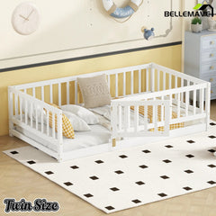 Bellemave® Twin Size Floor Bed Frame with Door and Slats,Wood Kids Montessori Floor Bed with Safety Guardrails - Bellemave
