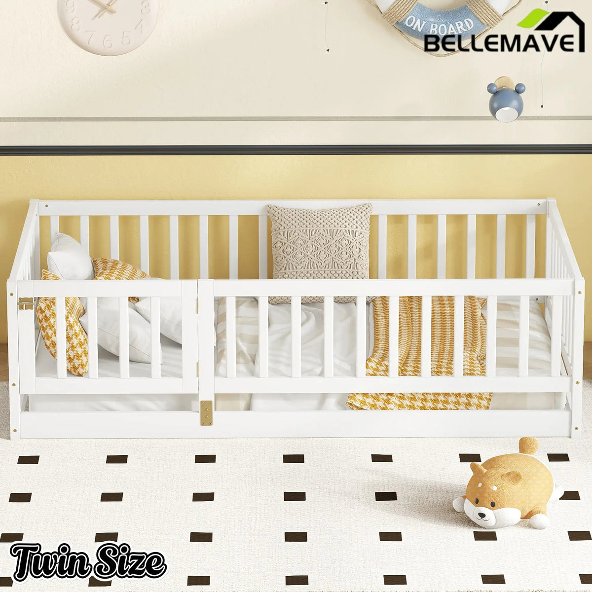 Bellemave® Twin Size Floor Bed Frame with Door and Slats,Wood Kids Montessori Floor Bed with Safety Guardrails - Bellemave