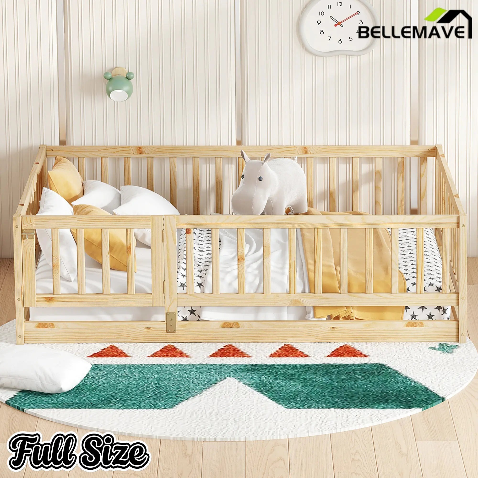 Bellemave® Twin Size Floor Bed Frame with Door and Slats,Wood Kids Montessori Floor Bed with Safety Guardrails - Bellemave