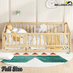 Bellemave® Twin Size Floor Bed Frame with Door and Slats,Wood Kids Montessori Floor Bed with Safety Guardrails - Bellemave