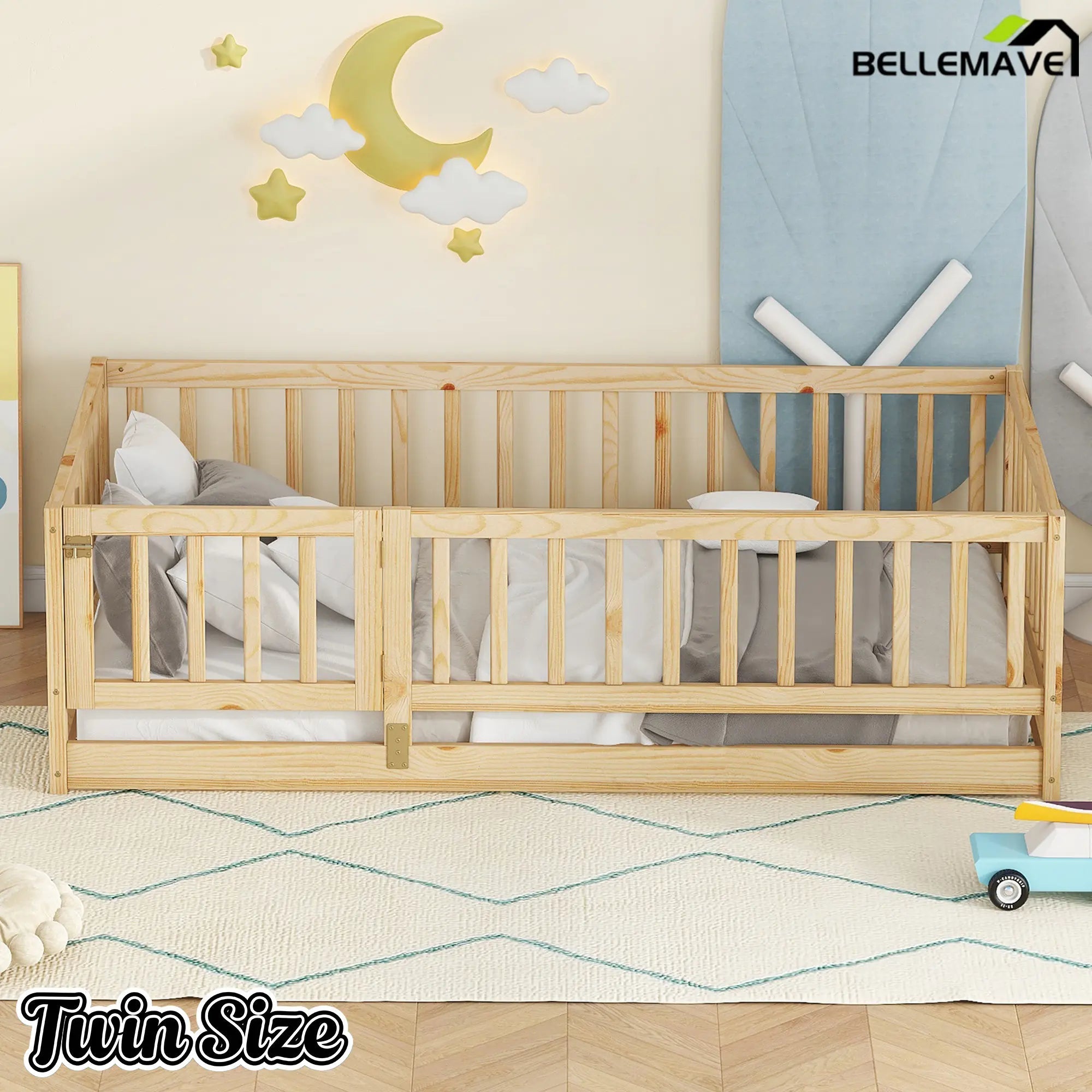 Bellemave® Twin Size Floor Bed Frame with Door and Slats,Wood Kids Montessori Floor Bed with Safety Guardrails - Bellemave