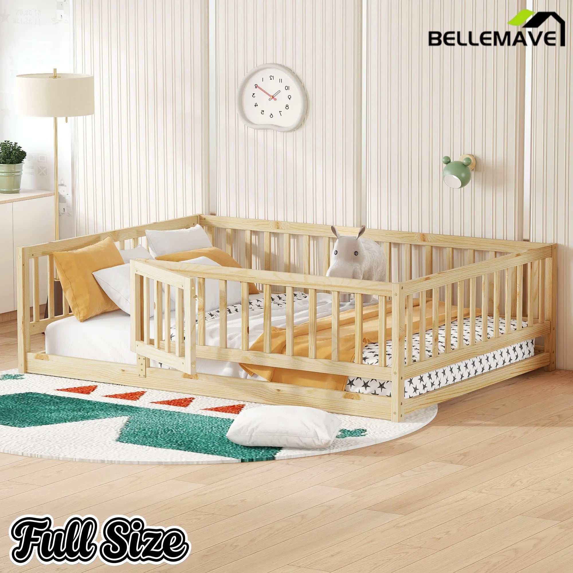 Bellemave® Twin Size Floor Bed Frame with Door and Slats,Wood Kids Montessori Floor Bed with Safety Guardrails - Bellemave